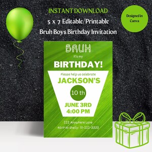 Bruh Boys Birthday Invitation: Neon Green, Editable 5x7 (Digital Download)