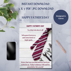 Tarjeta imprimible del Día del Padre Feliz -Profesional- Empresario-DESCARGA INSTANTE-5 x 7-Pdf o JPG -Día del Padre-9 a 5-Hobby- trabajo-Para papá
