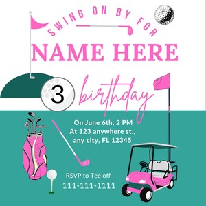 Editable Pink 3rd Birthday Girl's Golf Themed Invitation Template-INSTANT DOWNLOAD- Age 3, 3rd birthday, fun, unique, edit and print