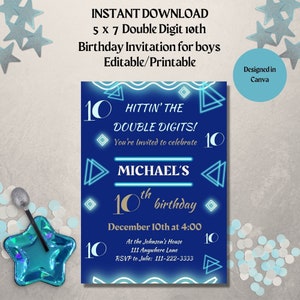 Bewerkbare-10e verjaardag-dubbele cijfers verjaardag uitnodigen jongen-5 x 7-INSTANT DOWNLOAD-afdrukbare-neon blauw-goud-Hallo dubbele cijfers-jongens verjaardag