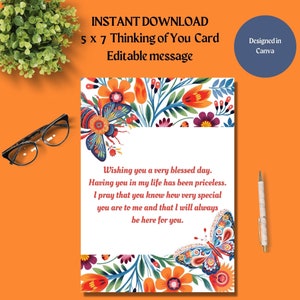Carte imprimable modifiable en pensant à vous pour elle-TÉLÉCHARGEMENT INSTANTANÉ-5x7-rétro-bleu-orange-floral-carte de remerciement-obtenez bien souhaité-religieux