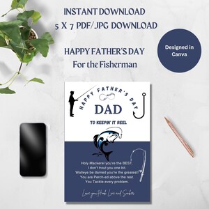 Tarjeta imprimible del Día del Padre Feliz para un Pescador-DESCARGA INSTANTE-5 x 7- para papá- Tema de pesca- Pdf o JPG - Día del Padre-Papá- Mensaje de la Marina