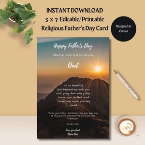 Tarjeta religiosa editable Feliz Día del Padre- 5x7-DESCARGA INSTANTE-Padre Cristiano-Honra a tu Padre escritura-Tarjeta del Día del Padre-verso