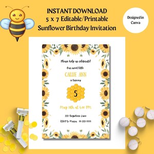 Editable Sunflower Birthday Invitation- INSTANT DOWNLOAD-5x7- birthday girl-any age-spring birthday-yellow and black flowers-sunflower theme