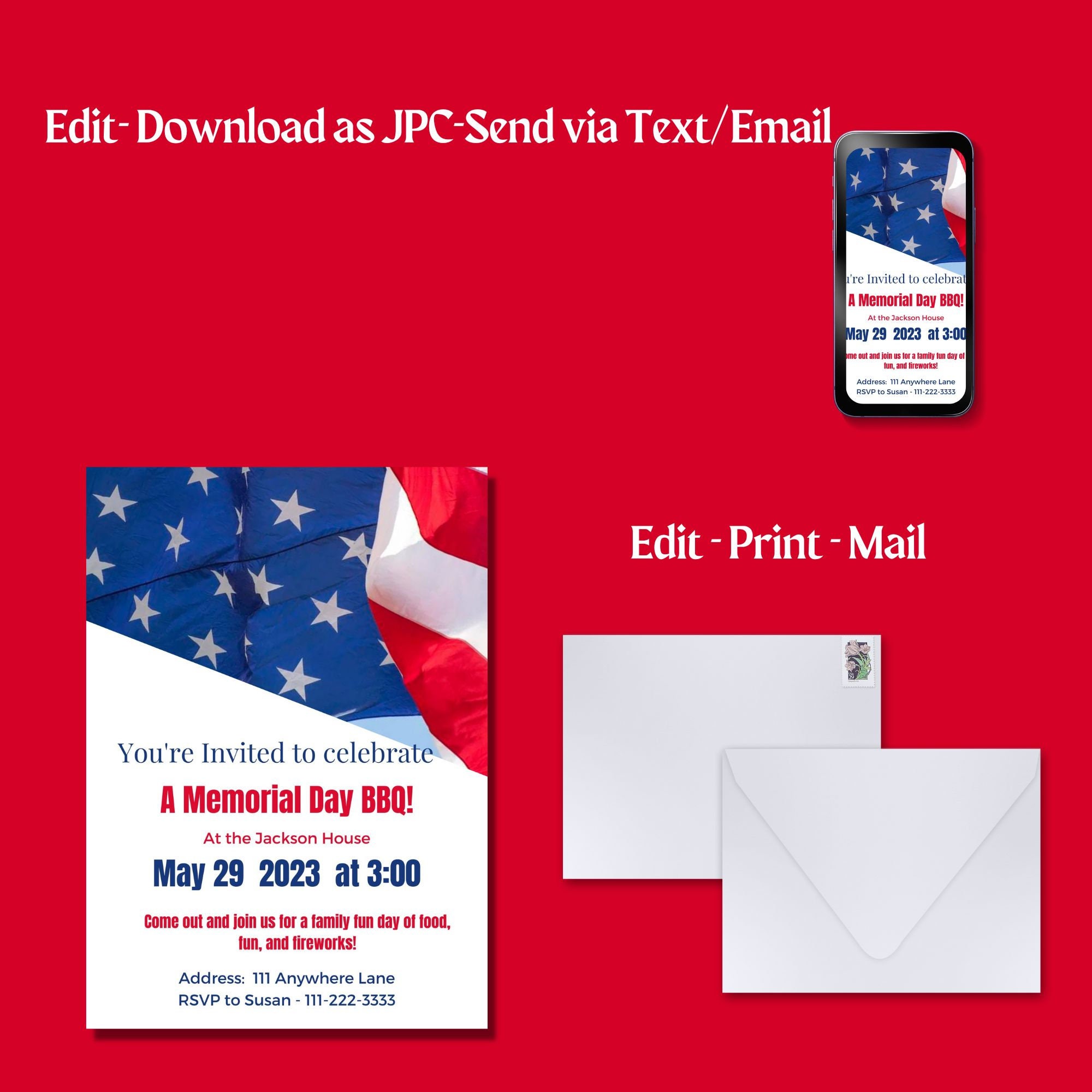 Memorial Day BBQ - Picnic-party Invitation Editable Printable Template ...