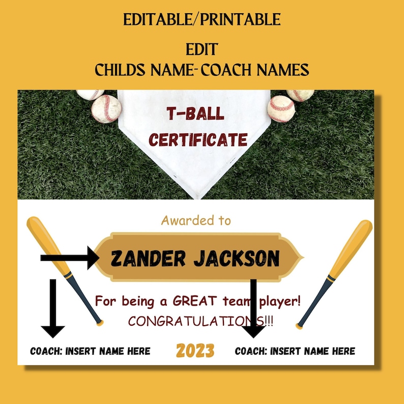 T-ball Certificate Template INSTANT DOWNLOAD 11 X 8.5 Editable ...