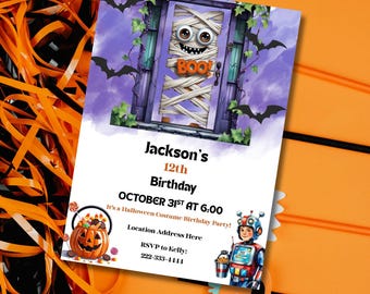 May include: A Halloween-themed invitation with a mummy door design and the word "BOO!". The invitation includes details for a 12th birthday party on October 31st at 6:00 PM, with RSVP information.
