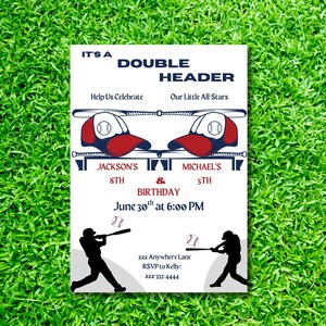 May include: A baseball-themed invitation with the text "IT'S A DOUBLE HEADER." The invitation features baseball caps, bats, and silhouettes of baseball players. It announces a birthday celebration for Jackson and Michael.
