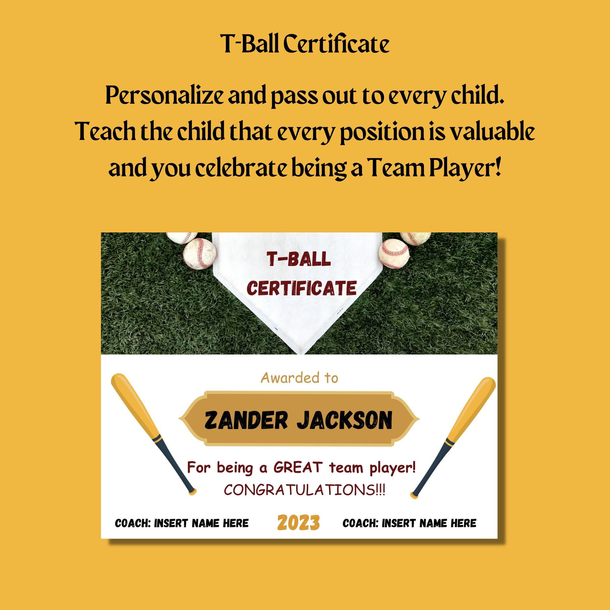 T-ball Certificate Template INSTANT DOWNLOAD 11 X 8.5 Editable ...