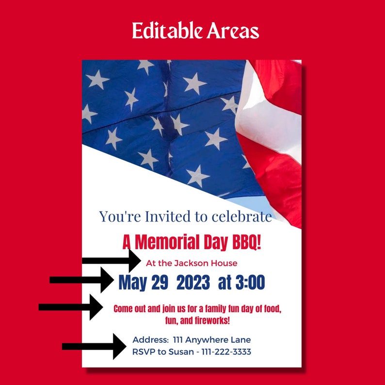 Memorial Day BBQ - Picnic-party Invitation Editable Printable Template ...