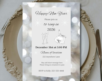 Silvester Party Einladung: Frohes Neues Jahr - 2026 oder ein beliebiges Jahr - (5x7, bearbeitbar, druckbar) INSTANT DOWNLOAD - Neujahrsfeier