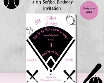 May include: A black and white softball birthday invitation with a baseball diamond graphic. The text reads "It's Callie's Birthday Ready to HIT another year out of the park turning 11 SWING on Over June 15th 4:00 PM Address Here RSVP to Kelly: 222-333-4444".