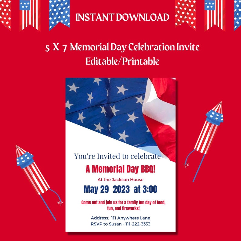 Memorial Day BBQ - Picnic-party Invitation Editable Printable Template ...