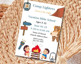 VBS Invitation-Camp Lighters-INSTANT DOWNLOAD-5x7-Editable-Printable-Vacation Bible school-church for kids-Jesus is the Light to follow