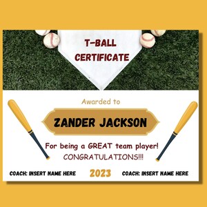 T-ball Certificate Template INSTANT DOWNLOAD 11 X 8.5 Editable ...