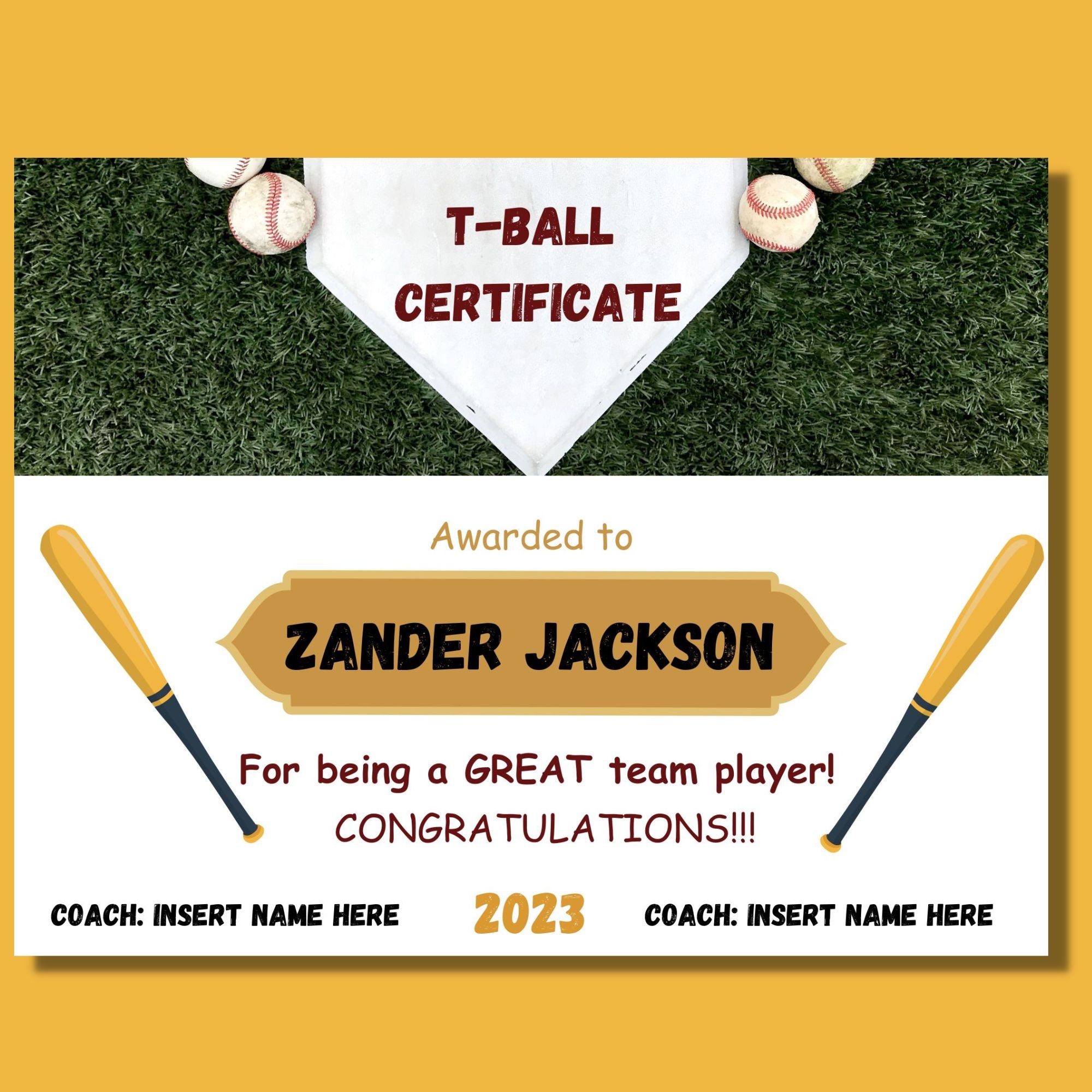 T-ball Certificate Template INSTANT DOWNLOAD 11 X 8.5 Editable ...
