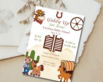 Vacation Bible School Invitation- Giddy Up for Jesus-INSTANT DOWNLOAD-5x7-Editable-Printable- VBS-church event for kids-Bible school-western