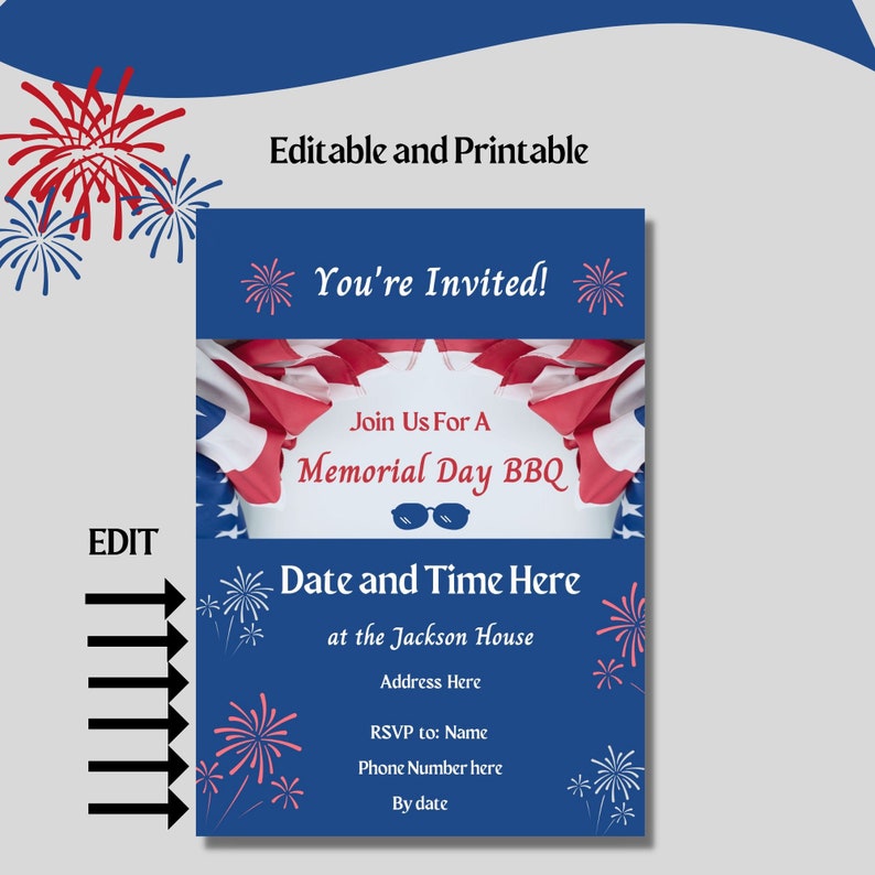Memorial Day BBQ Party Invitation Editable Printable Template, INSTANT ...