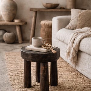 May include: A dark brown, three-legged wooden stool with a round top. A ceramic mug, a small book, and a beaded strand with a tassel rest on the stool. The stool sits on a woven jute rug, with a neutral-toned sofa in the background.