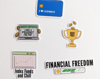 5 Finance Stickers | I Love Cashback, Spreadsheet, Index Funds, Debt Free, Financial Freedom