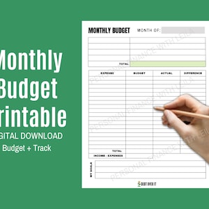 May include: A printable monthly budget tracker with sections for expenses, budget, actual spending, and difference. The tracker also includes a section for income and expenses, as well as a section for goals. The text "DEBT OVER IT" is at the bottom of the page.