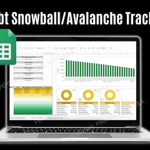 May include: A laptop computer screen displaying a Google Sheets spreadsheet with a green bar chart and three pie charts. The spreadsheet is titled "Debt Snowball/Avalanche Tracker".