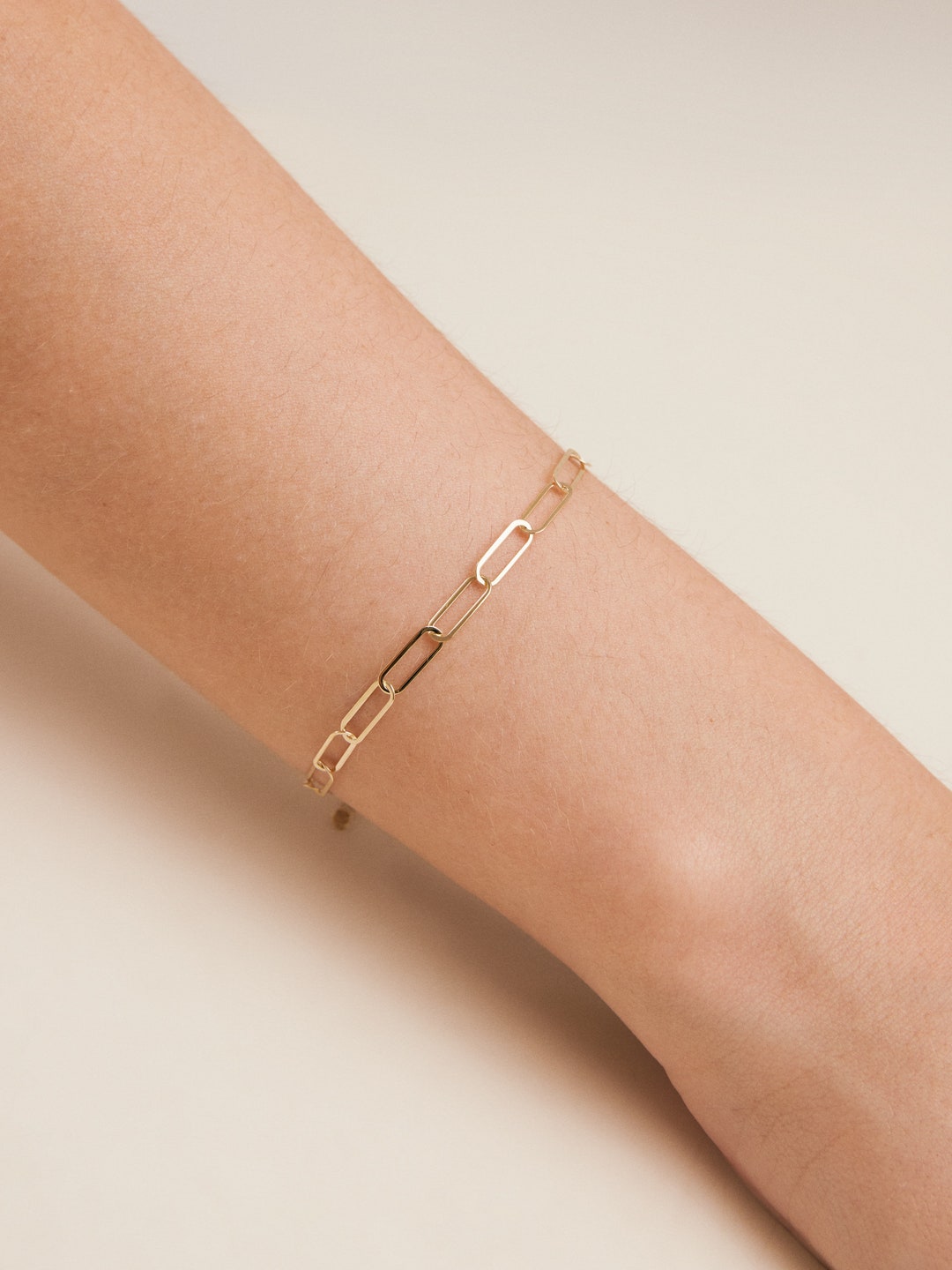 14K Solid Gold Paper Clip Chain Bracelet Elegant Layering Etsy