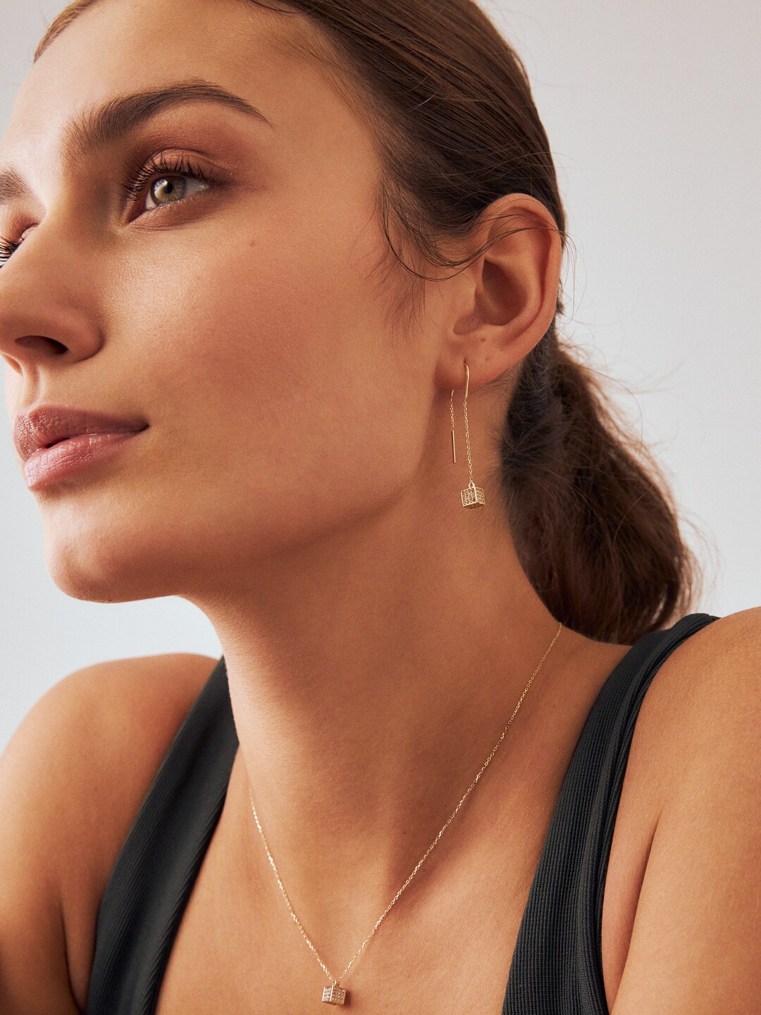 14K Solid Gold Threader Cube Earrings Minimalist Long Chain Etsy