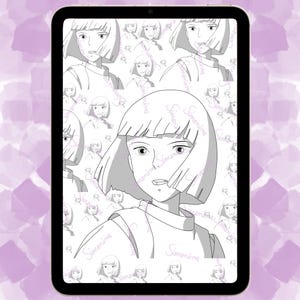 May include: A black and white digital illustration of a young woman with short hair. The woman is wearing a white collared shirt and has a neutral expression on her face. The image is repeated in a tiled pattern.