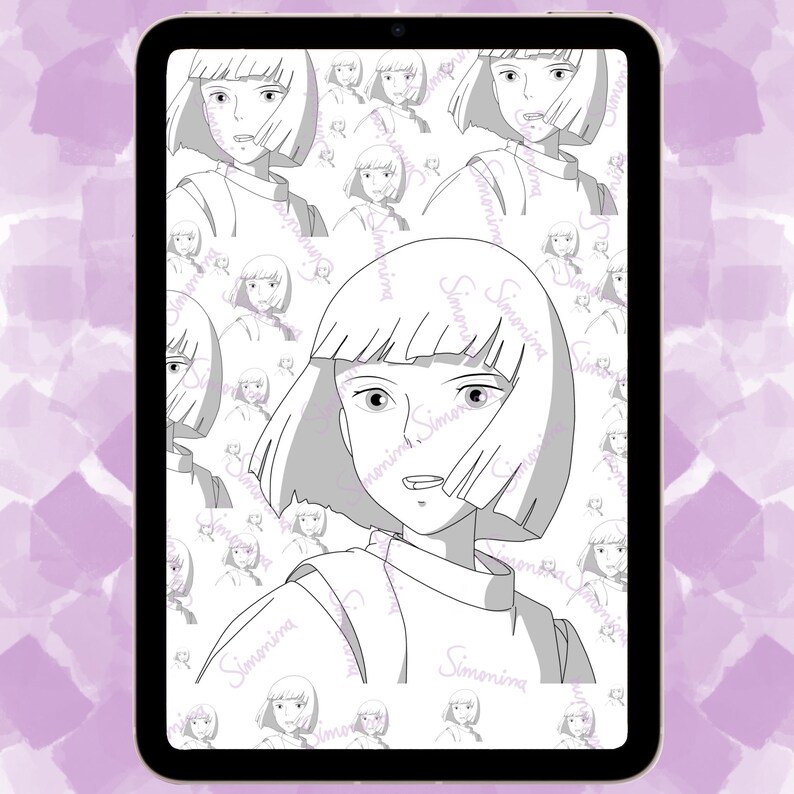 May include: A black and white digital illustration of a young woman with short hair. The woman is wearing a white collared shirt and has a neutral expression on her face. The image is repeated in a tiled pattern.