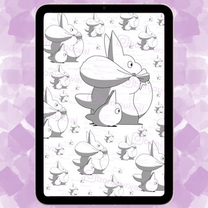 May include: Black and white illustration of a cartoon character with a large head and a small body. The character is holding a large bag in its mouth. The character is repeated in a pattern on a white background.