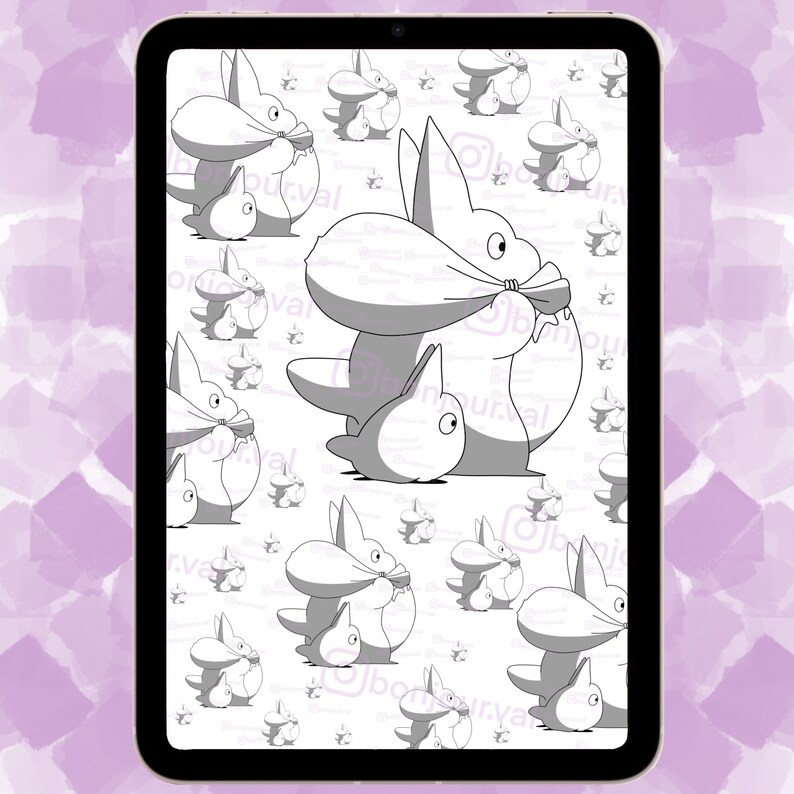 May include: Black and white illustration of a cartoon character with a large head and a small body. The character is holding a large bag in its mouth. The character is repeated in a pattern on a white background.