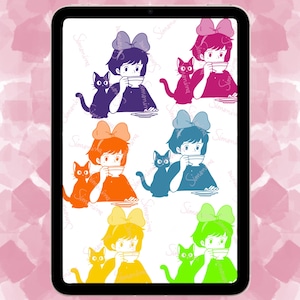 May include: Six colorful illustrations of a girl with a cat drinking tea. The girl has short black hair and is wearing a bow. The cat is black and white. The illustrations are in different colors: purple, orange, blue, green, yellow, and pink.