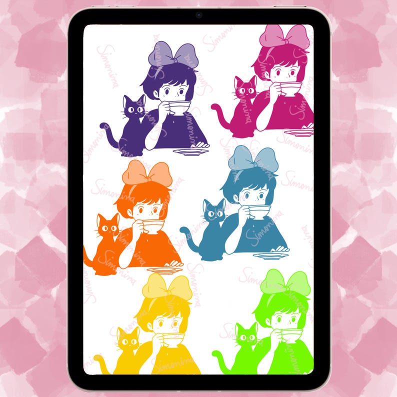 May include: Six colorful illustrations of a girl with a cat drinking tea. The girl has short black hair and is wearing a bow. The cat is black and white. The illustrations are in different colors: purple, orange, blue, green, yellow, and pink.