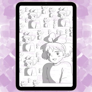May include: A digital illustration of a girl with short hair and a bow. The girl is wearing a dress and has a happy expression. The illustration is repeated in a pattern on a white background.
