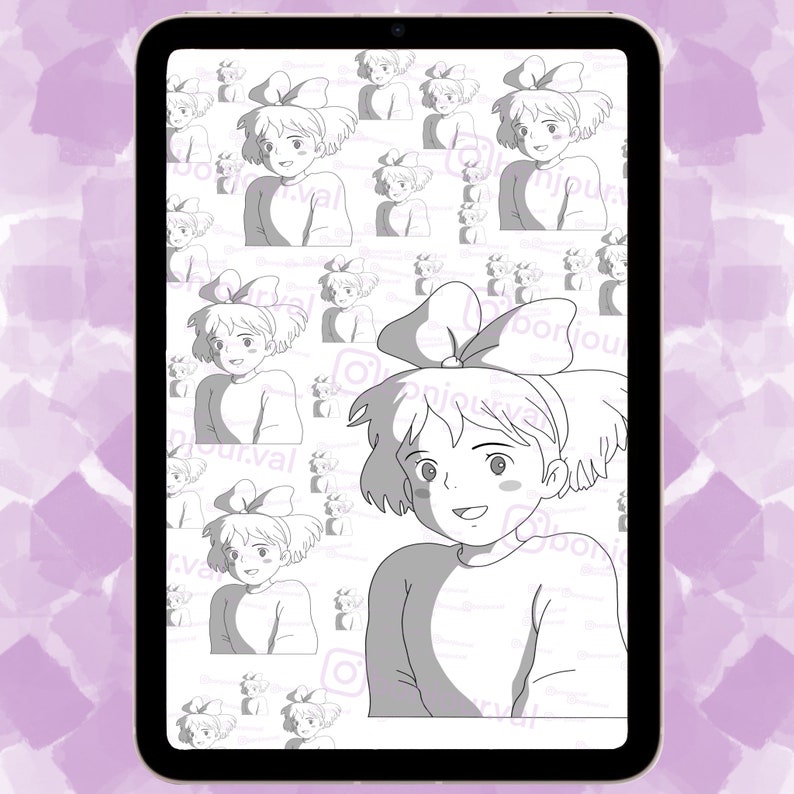 May include: A digital illustration of a girl with short hair and a bow. The girl is wearing a dress and has a happy expression. The illustration is repeated in a pattern on a white background.