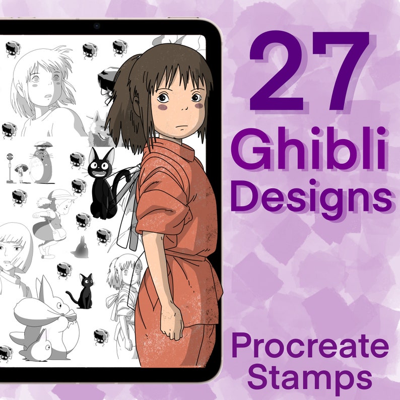 May include: A digital tablet screen displaying 27 black and white illustrations of characters and objects from Studio Ghibli films. The text "27 Ghibli Designs Procreate Stamps" is displayed on the right side of the screen.