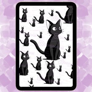 May include: A white background with a repeating pattern of black cats. The cats are all facing forward with their ears perked up. The cats are all the same size and shape, and they are all in the same pose.