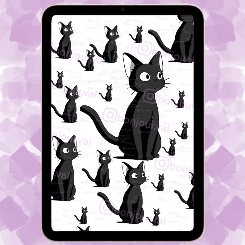 May include: A white background with a repeating pattern of black cats. The cats are all facing forward with their ears perked up. The cats are all the same size and shape, and they are all in the same pose.