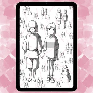 May include: Black and white line art illustration of two anime characters, a girl with short hair and a girl with long hair, standing side by side. The characters are surrounded by smaller illustrations of people and a small creature.