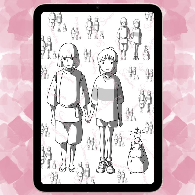 May include: Black and white line art illustration of two anime characters, a girl with short hair and a girl with long hair, standing side by side. The characters are surrounded by smaller illustrations of people and a small creature.