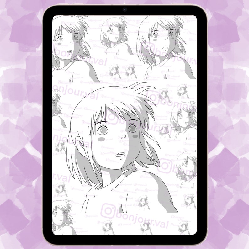 May include: A black and white line drawing of a young woman with short hair looking up and to the right. The drawing is repeated in the background, creating a pattern.