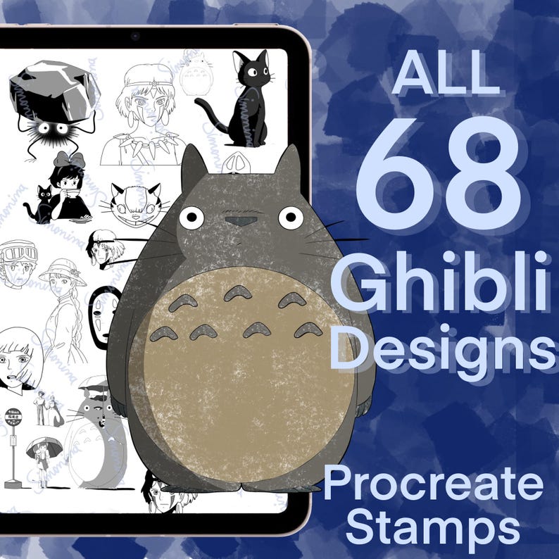 May include: A digital tablet screen displaying 68 black and white illustrations of characters and objects from Studio Ghibli films. The text "ALL 68 Ghibli Designs Procreate Stamps" is displayed on the screen. The tablet is on a blue background with white watercolor-like splatter.