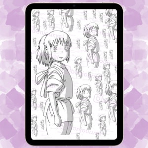 May include: Black and white line art illustration of a girl with long hair, wearing a long-sleeved shirt and a bow. The illustration is repeated in a pattern on a white background.