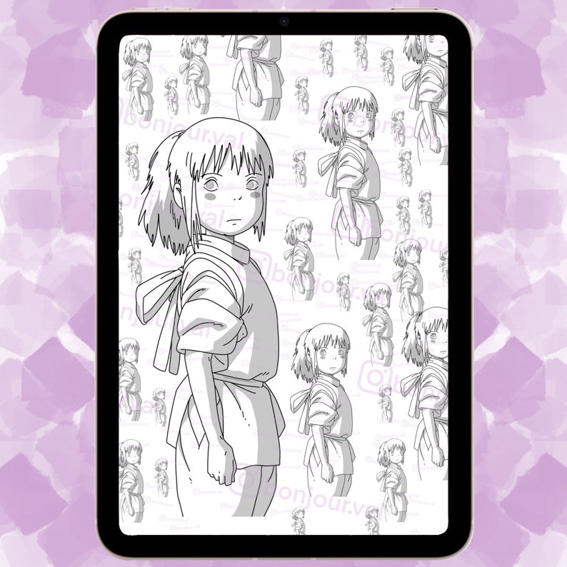May include: Black and white line art illustration of a girl with long hair, wearing a long-sleeved shirt and a bow. The illustration is repeated in a pattern on a white background.