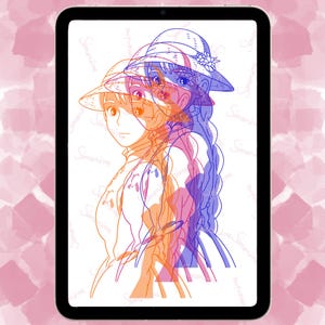 May include: A digital illustration of a woman with long hair wearing a hat. The image is in a layered style with the woman's outline in blue, orange, and pink.