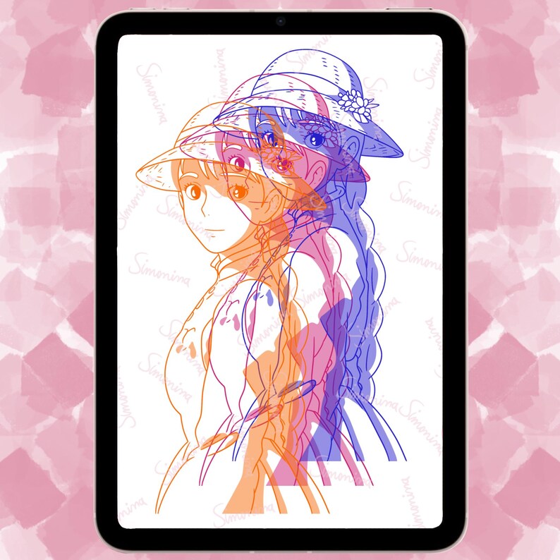 May include: A digital illustration of a woman with long hair wearing a hat. The image is in a layered style with the woman's outline in blue, orange, and pink.