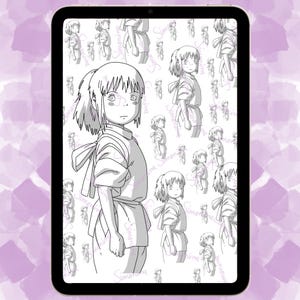 May include: A black and white digital illustration of a young girl with long hair, wearing a long-sleeved dress with a bow. The illustration is repeated in a pattern on a white background.