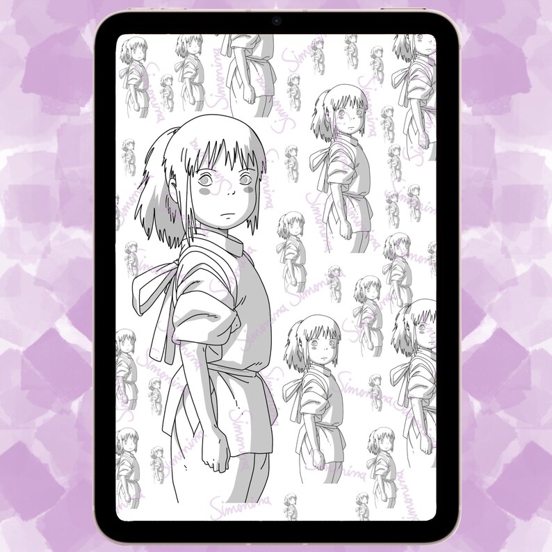 May include: A black and white digital illustration of a young girl with long hair, wearing a long-sleeved dress with a bow. The illustration is repeated in a pattern on a white background.