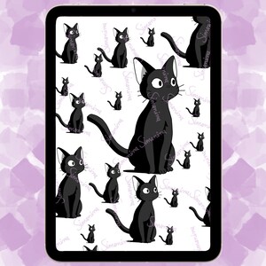 May include: A digital illustration of a black cat with white eyes on a white background. The cat is repeated in a pattern across the image.
